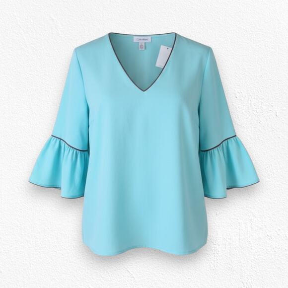 Calvin Klein Tops - Calvin Klein Mint Green V Neck Bell Sleeve Relaxed Fit Womens Blouse Size Large